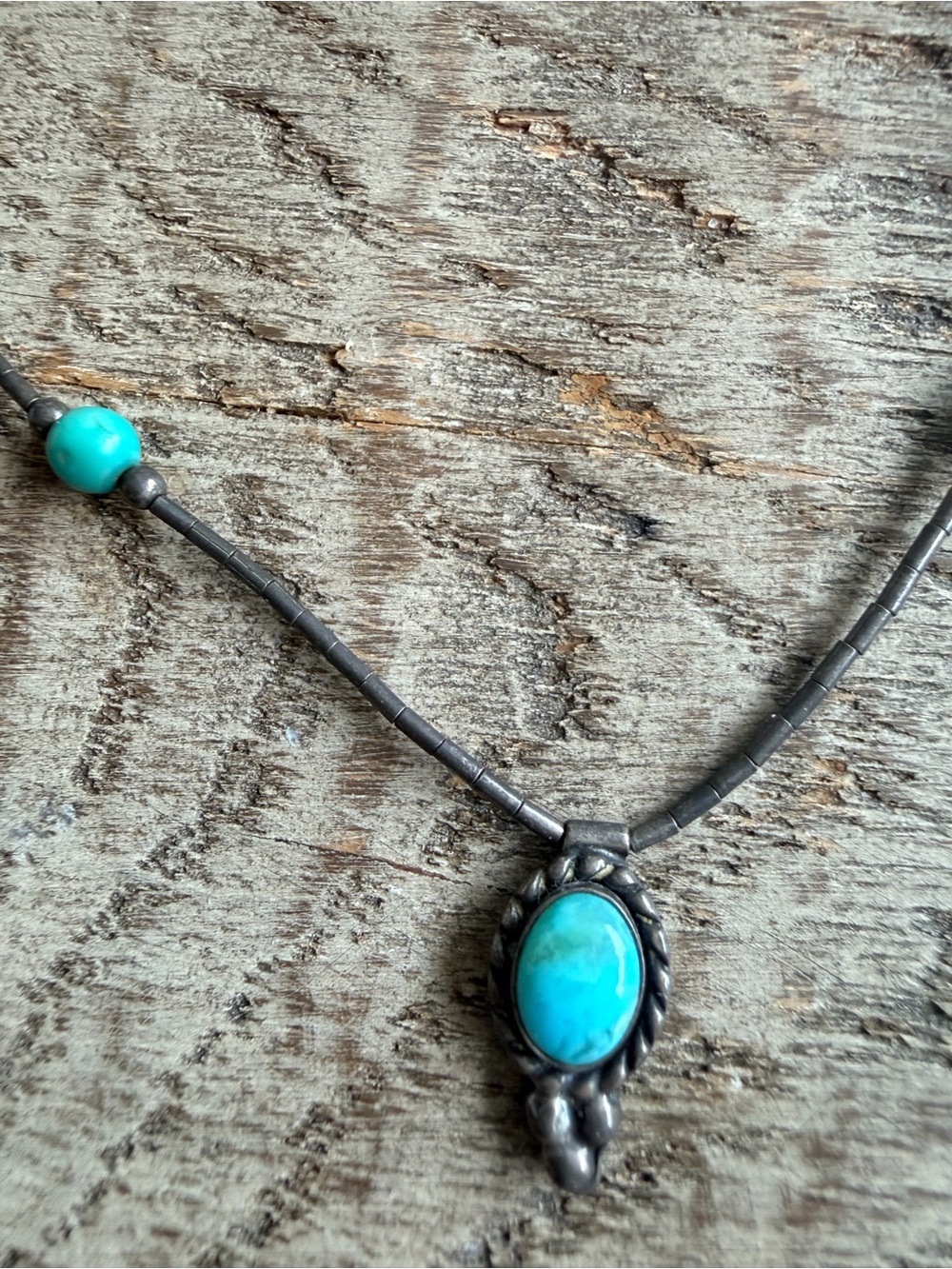 Vintage Southwest Liquid Sterling silver 925 Turquoise Necklace 16” Patina